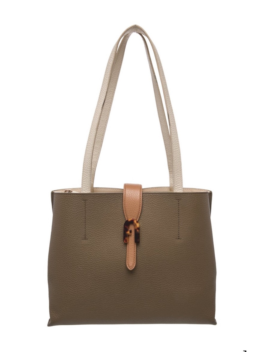 Furla Olive Tote with Cream Straps and Tan Tab